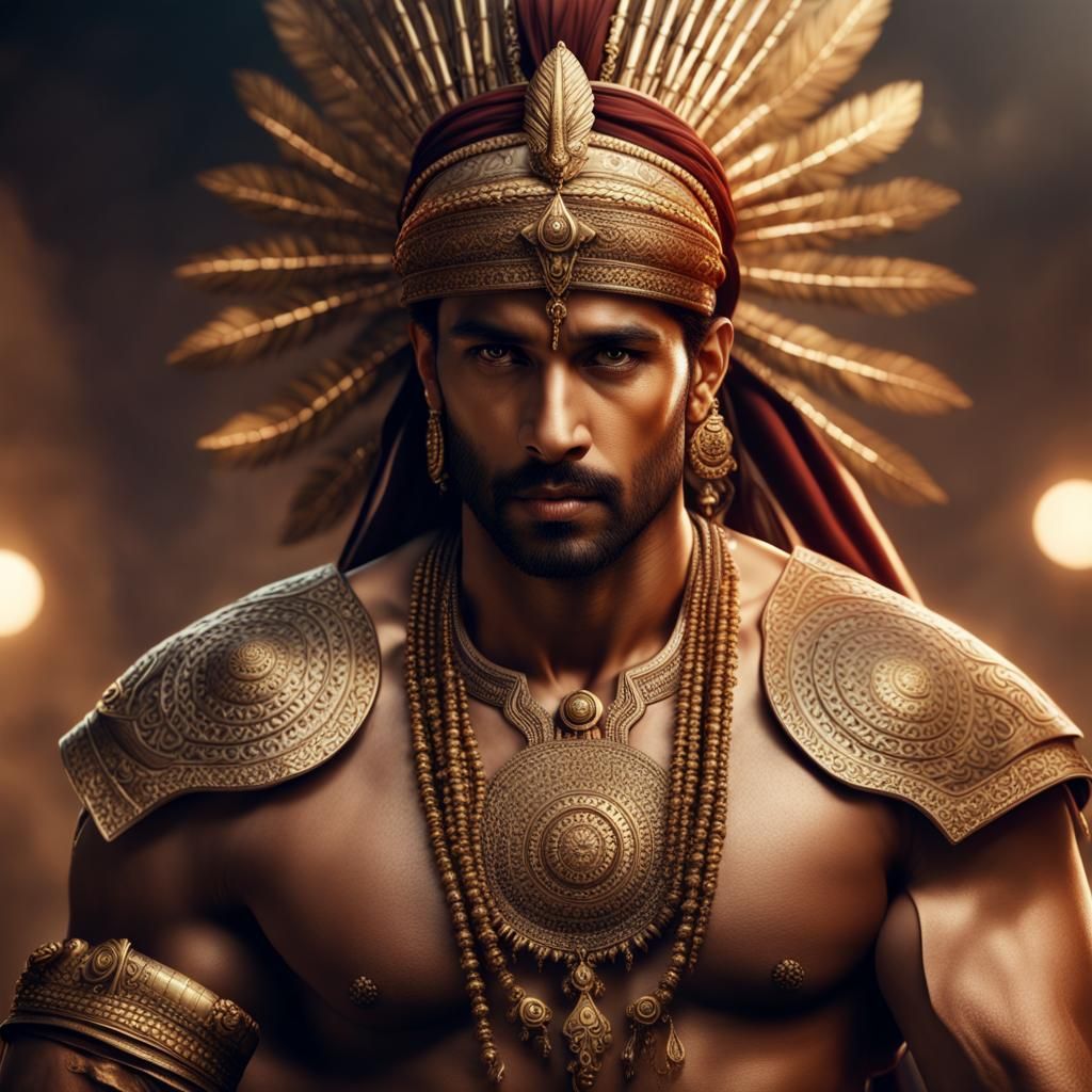 Handsome indian male warriors with abs and gold ornaments