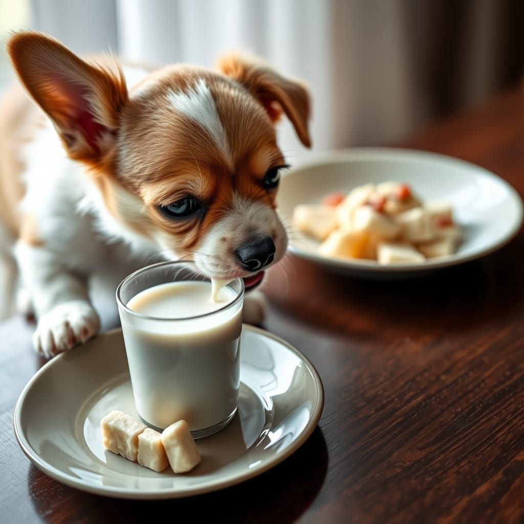 The little dog licks milk from the cup next to the food plate.