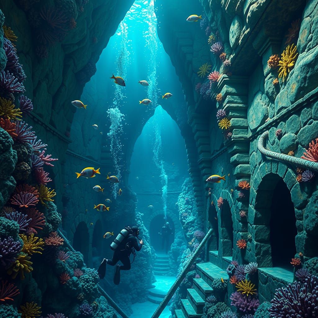 Atlantean Library Submerged in Ocean Depths