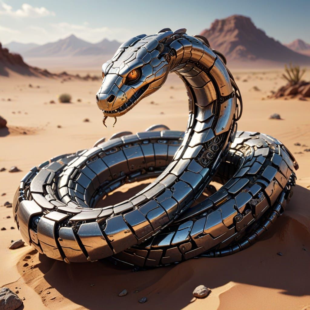 Sci-Fi Metal Snake Slithering Through Desert Sand
