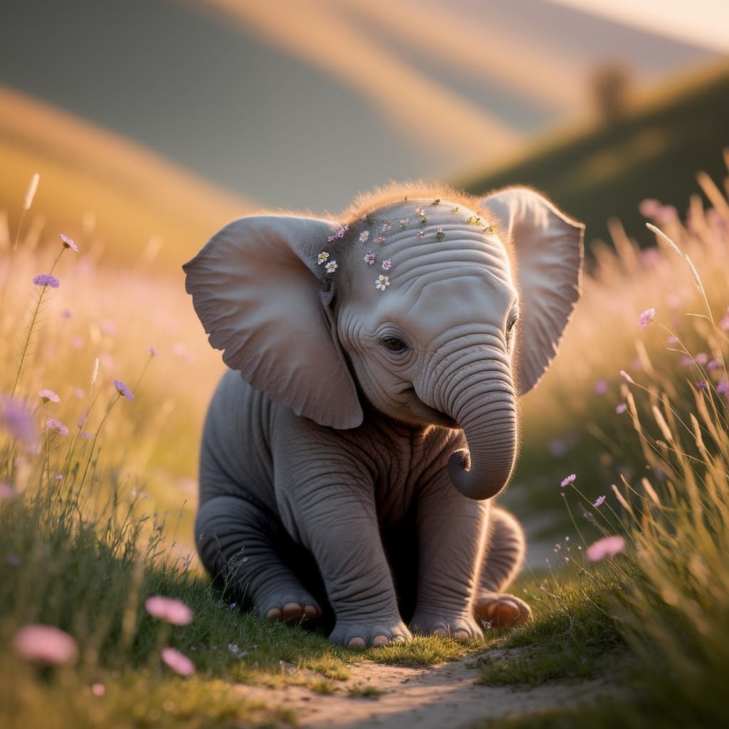 Adorable Baby Elephant in Sunny Meadow with Flowers