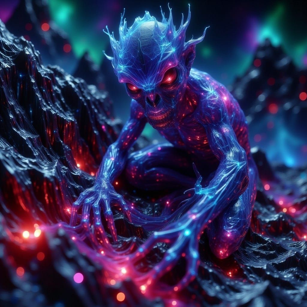 Glowing Gollum on Lava Rock in Neon Realism Style