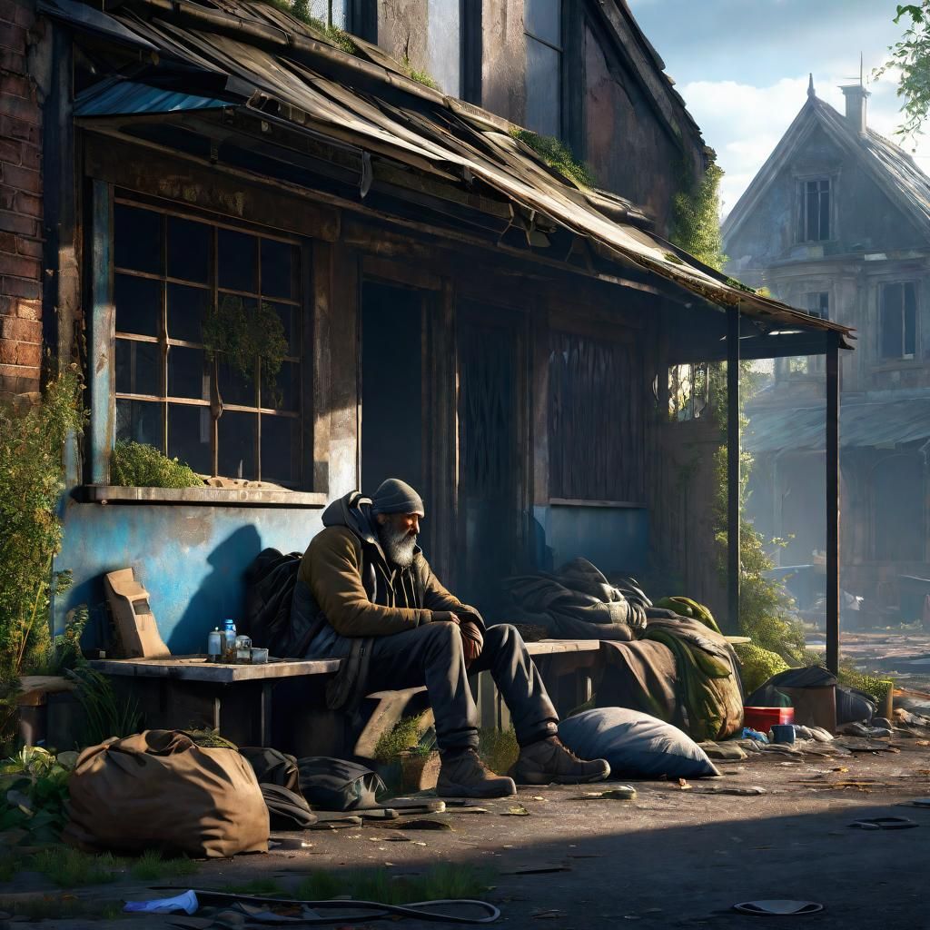 Homeless Man at Derelict House: 8k Concept Art