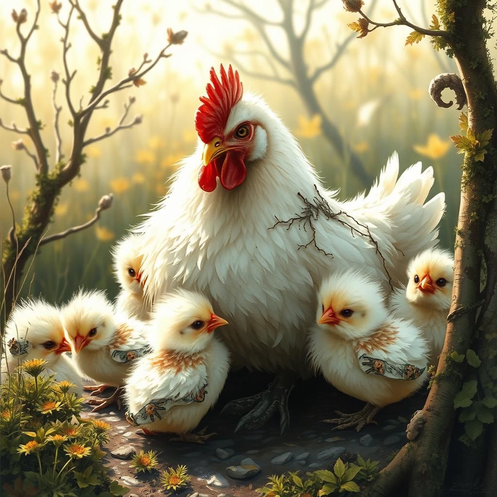 Eerie-Cute Zombiecore Chicken Family in Overgrown Meadow