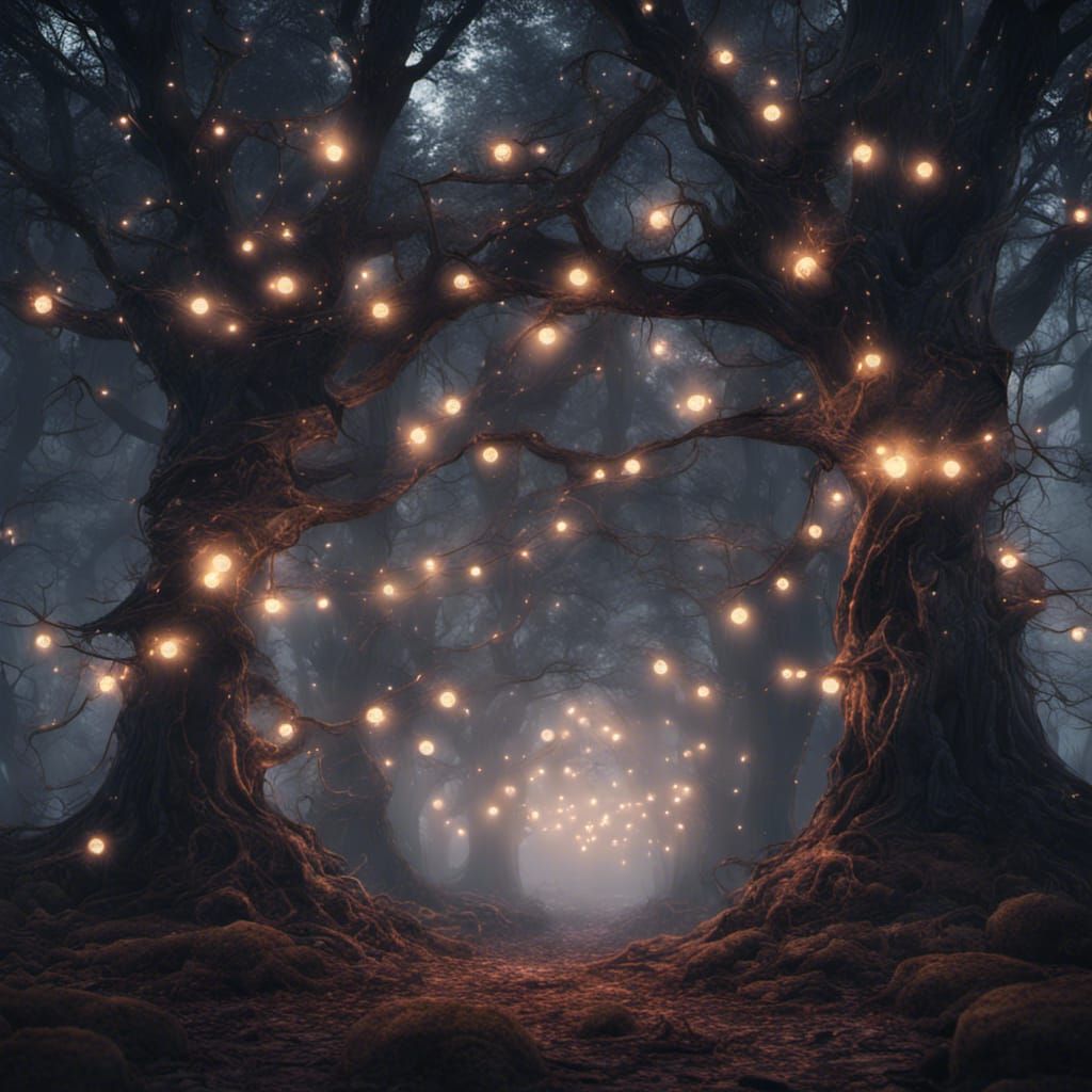 Spooky Forest with Glowing Christmas Lights