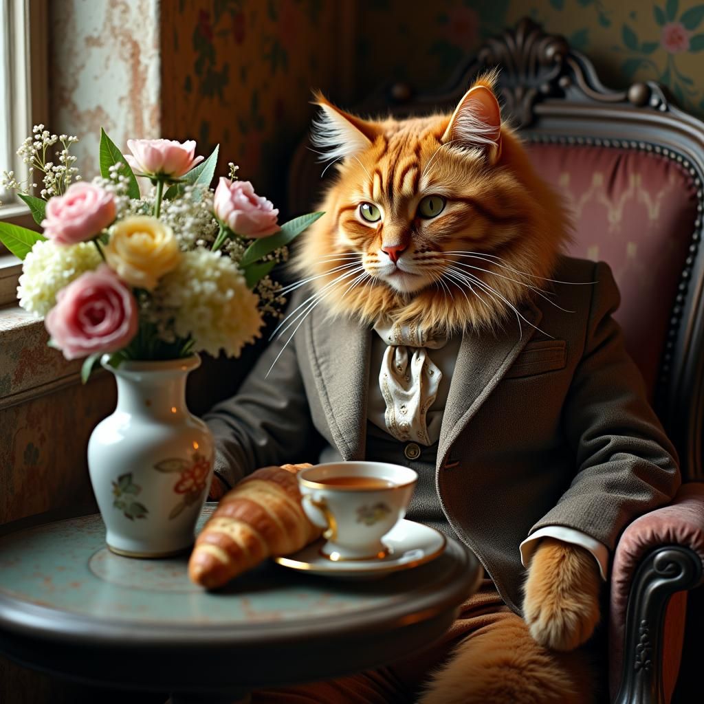Ginger Cat in Cafe with Flowers and Tea