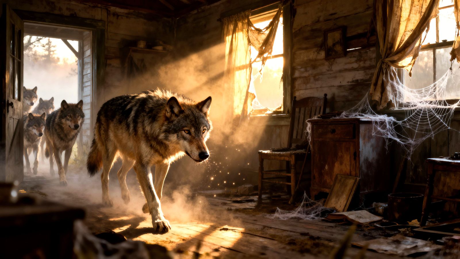 Wolves Enter Abandoned Farmhouse in Misty Morning Light