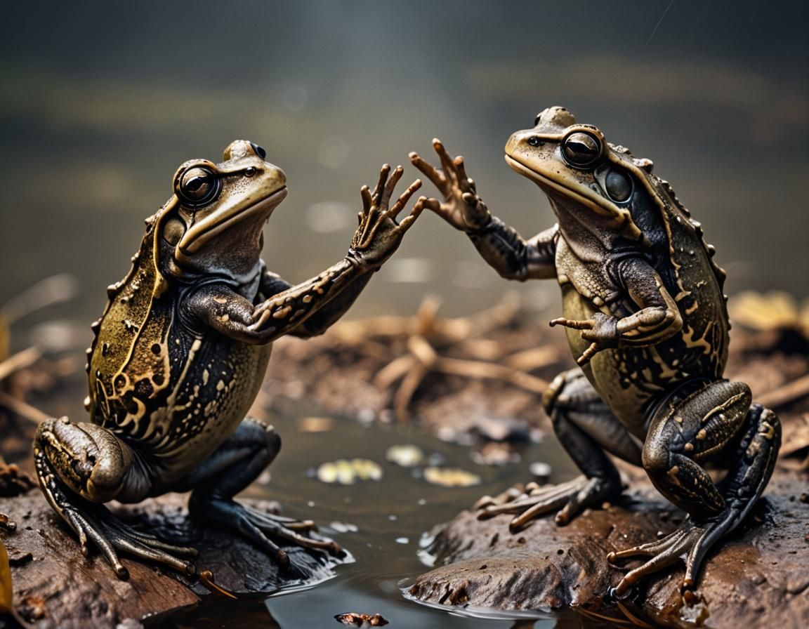 Frogs Celebrate With a High Five: Hyperrealistic Image