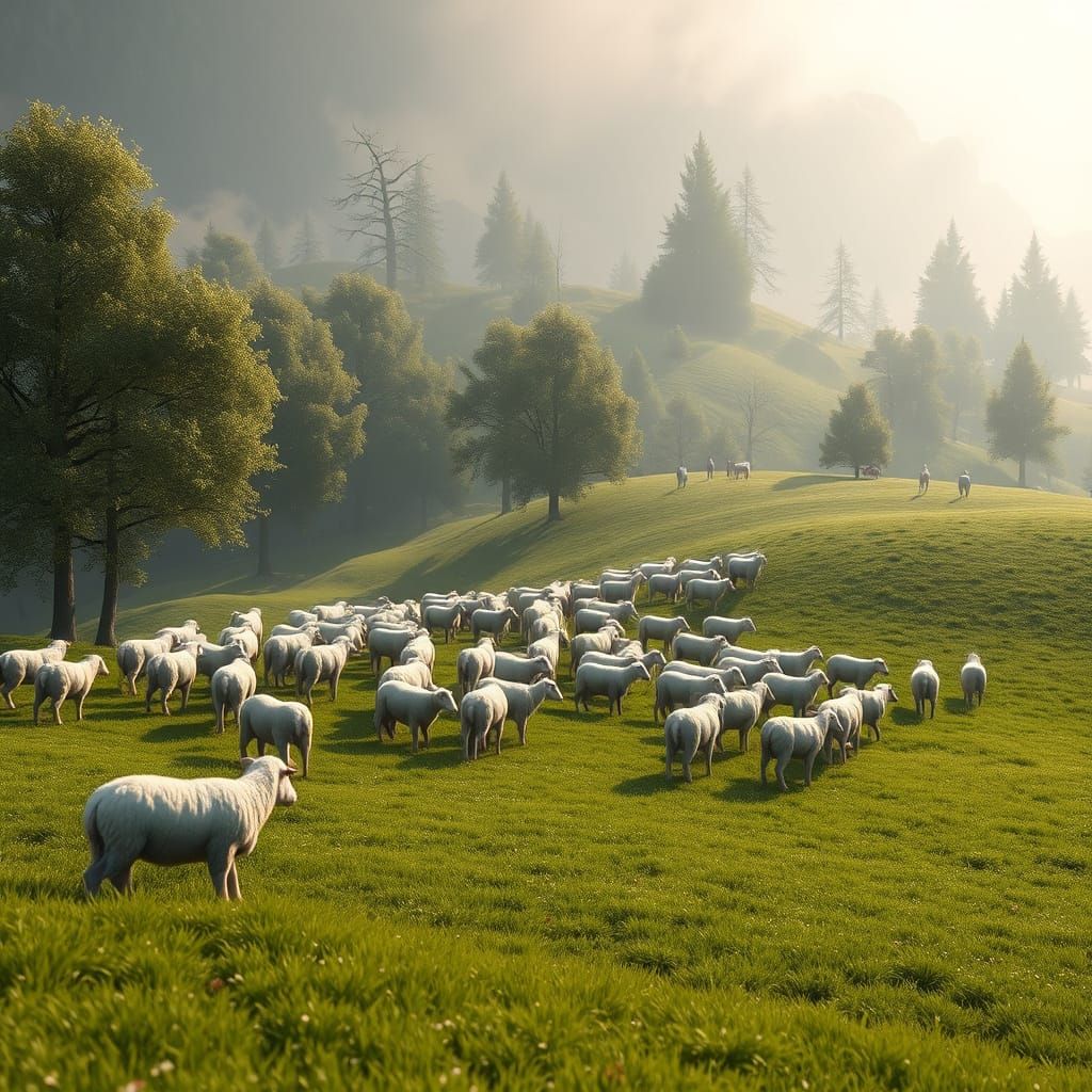 Sheep Grazing in a Majestic 3D Game Landscape