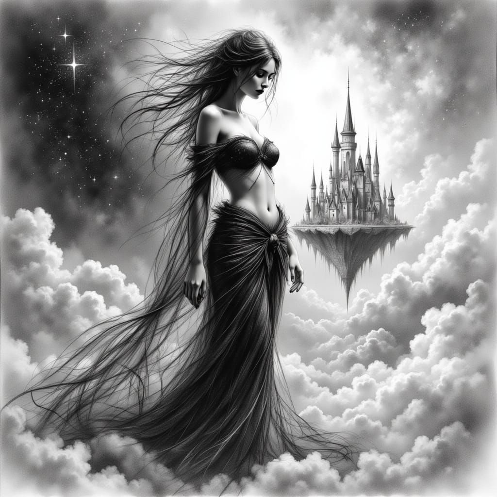 Ethereal Goddess in Spectral Castle Pencil Drawing