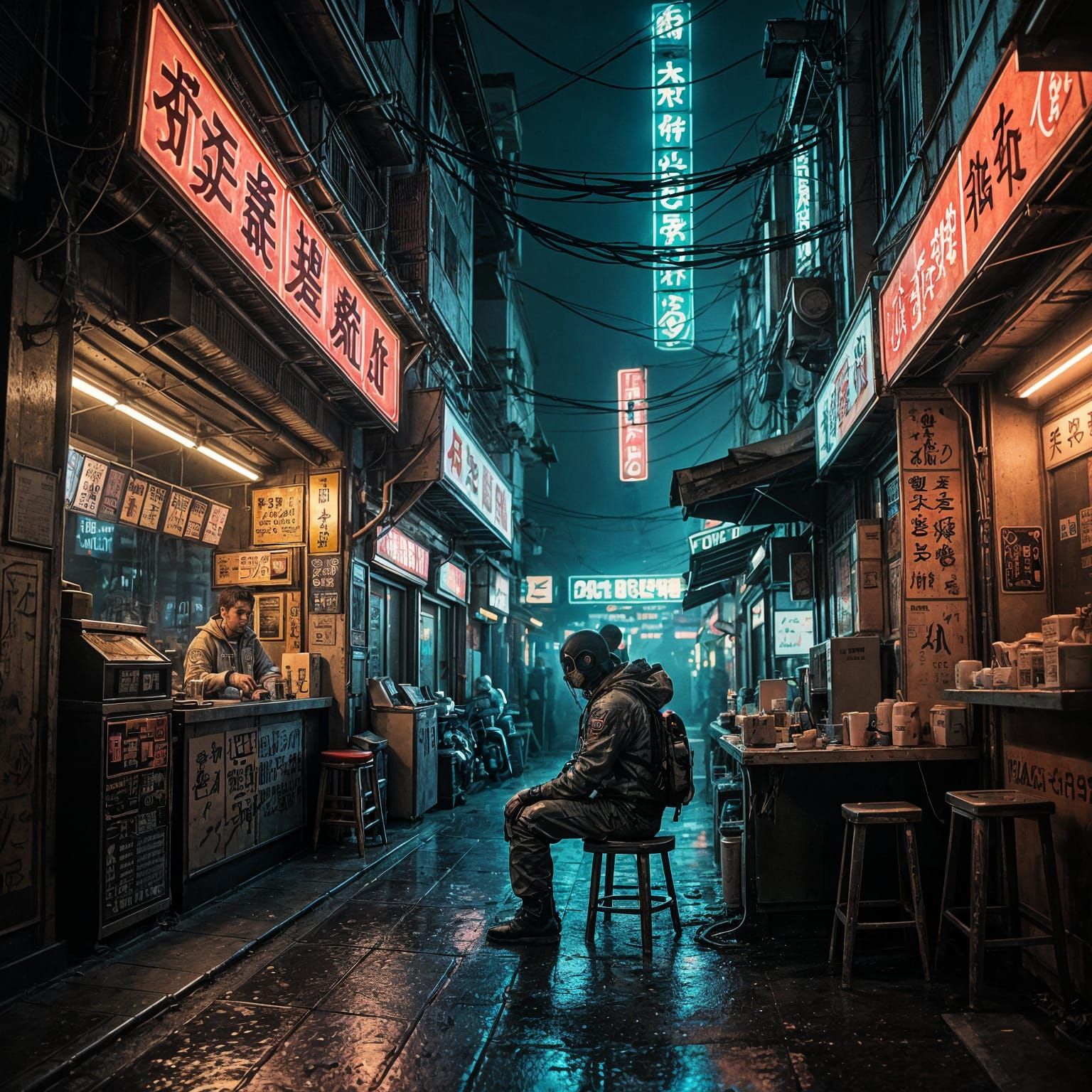 Astronaut in Neon Tokyo Noodle Shop