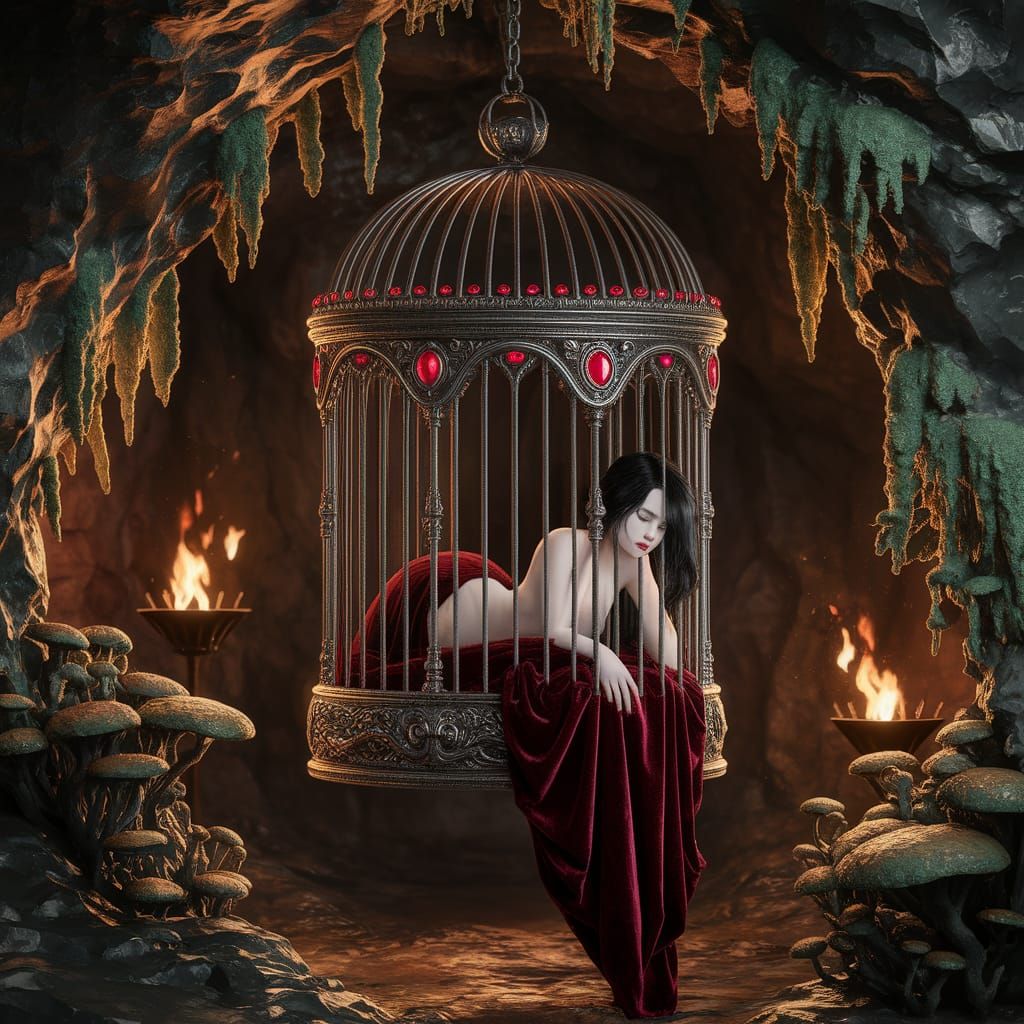 Baroque Birdcage with Slumbering Vampire, Digital Art