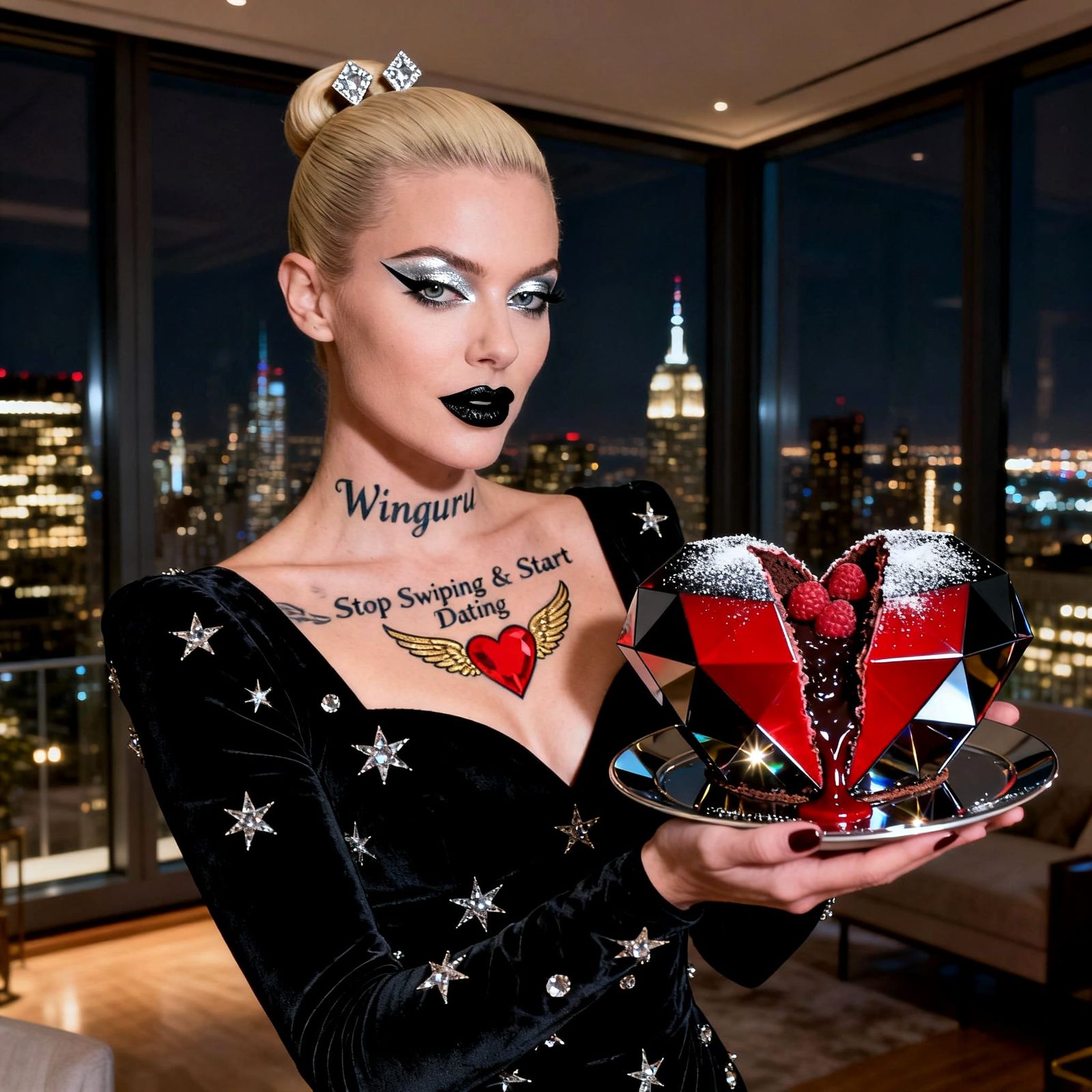 Stunning Woman in Crystal Gown with Gemstone Dessert