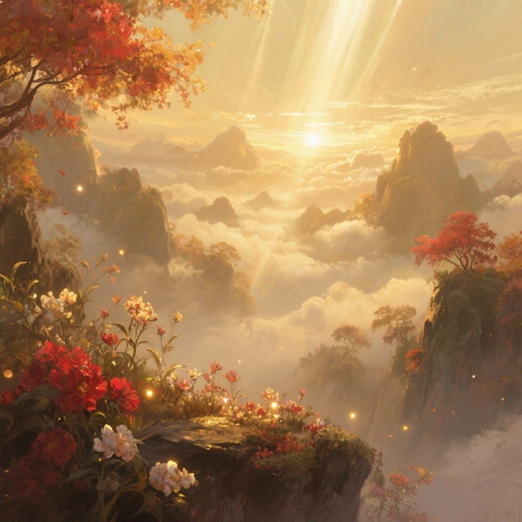 Misty Autumn Chinese Landscape with Golden Hues