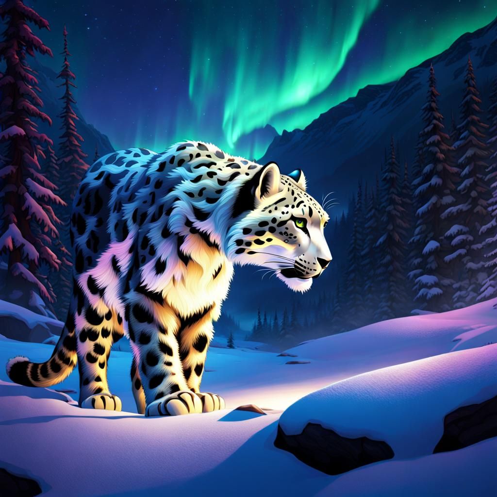 Snow Leopard Under Aurora, Dark Fantasy Style