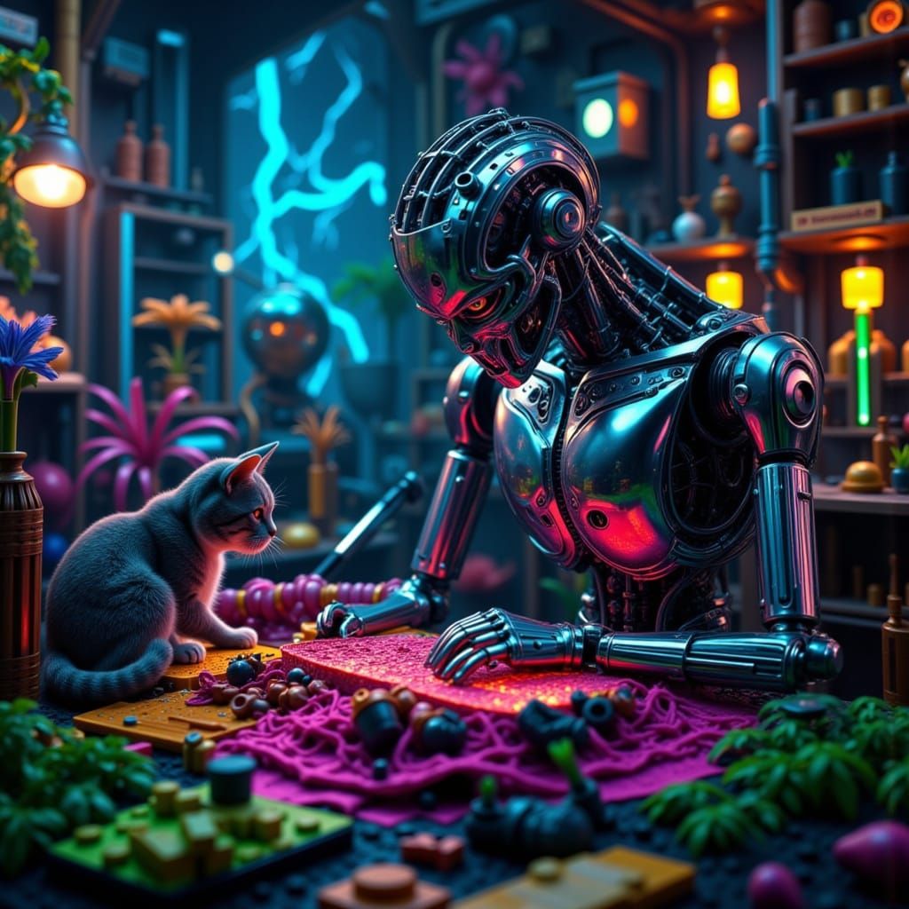 Chrome Robot Knits for Cat Amidst Surreal Alien Workshop