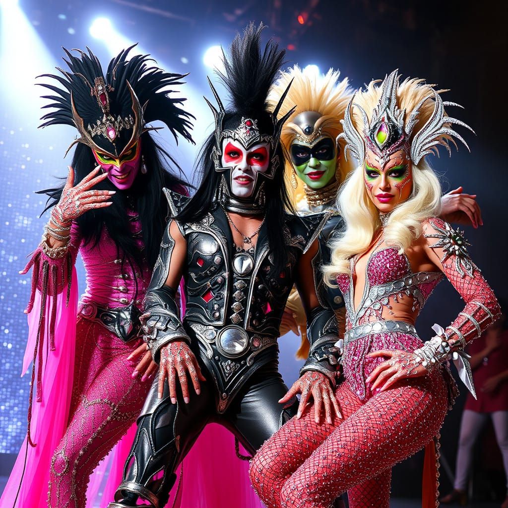 Glam Rockers in Shimmering Costumes and Face Paint