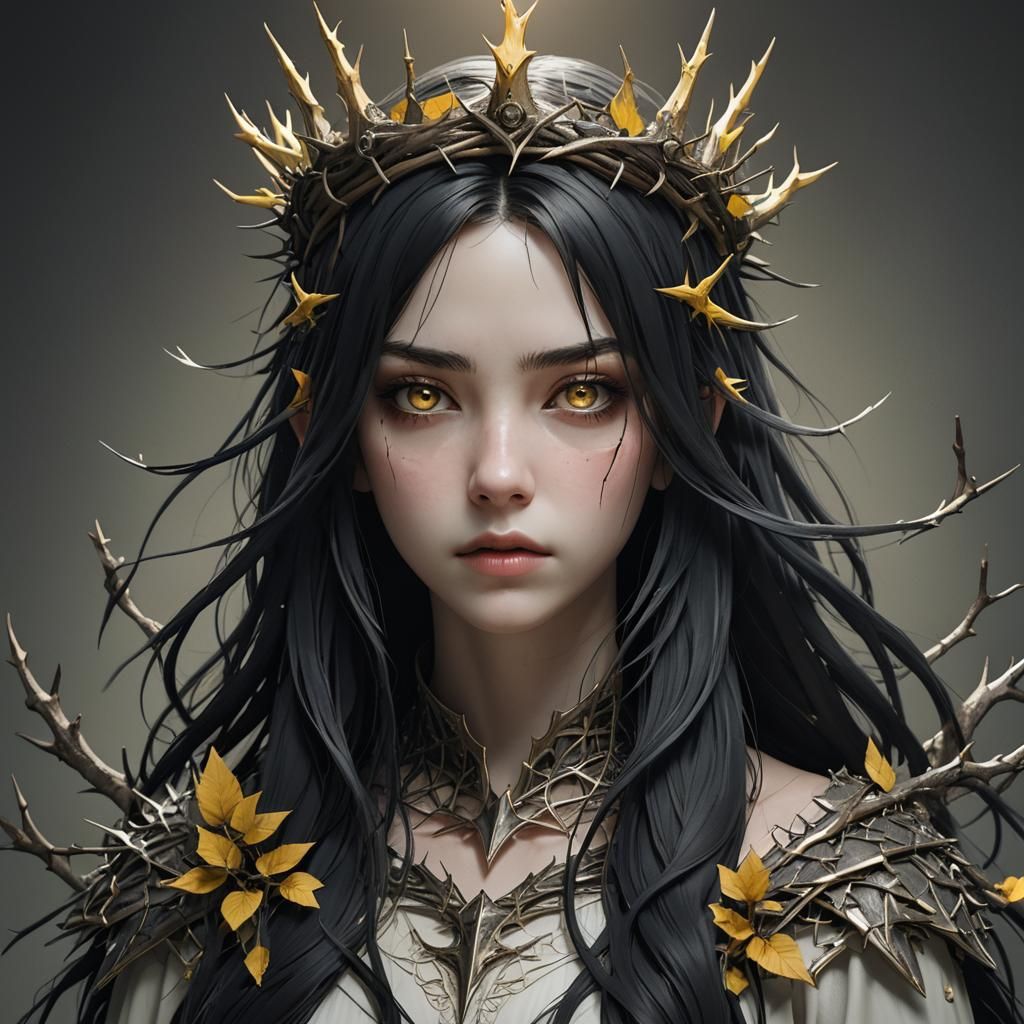 Eerie Anime Girl with Thorn Crown in 3D