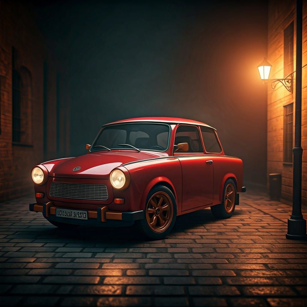 Retrofuturistic 2025 Trabant 601 Concept in Film Noir Style