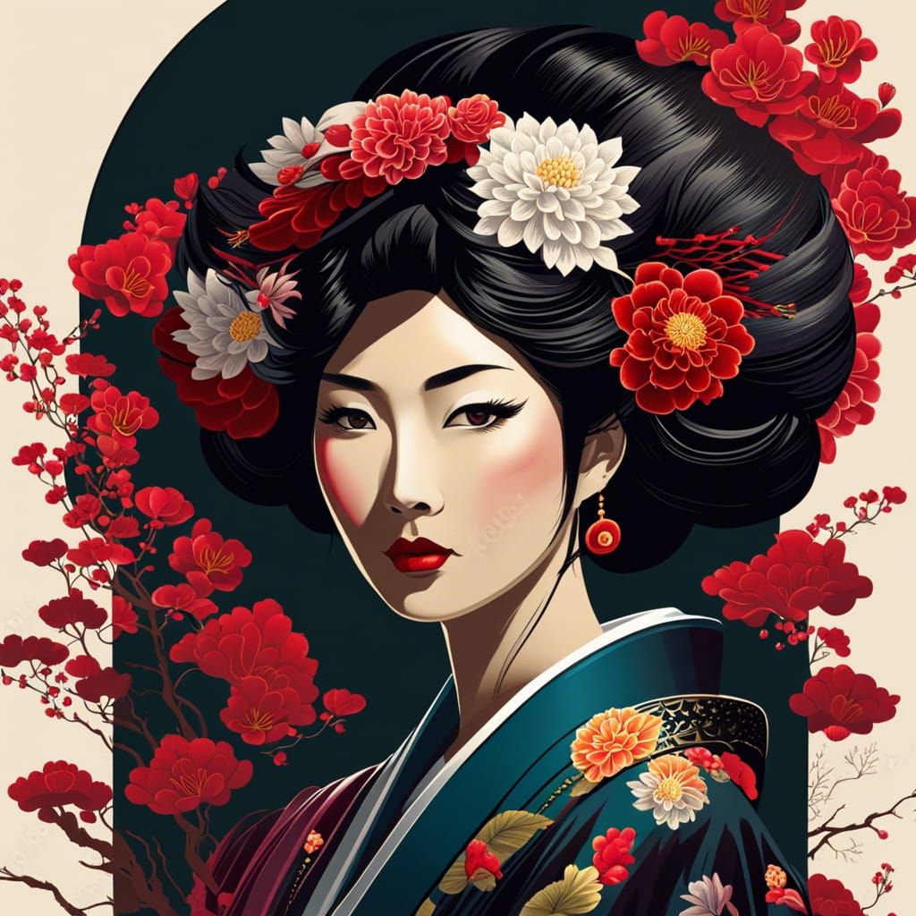 Japanese Woman with Flower, Dark Palette Illustration