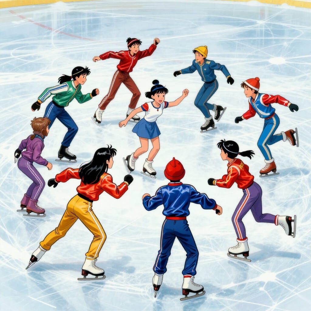 Children Ice Skating and Dancing in Bold Comic Style