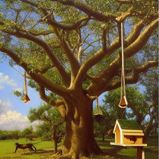 Fig Tree with Birdhouses: Oil Painting