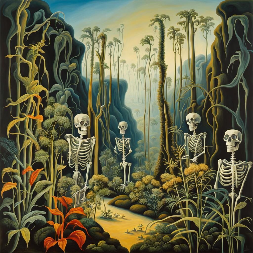 Surreal Skeleton Plants in Jungle: Dali-esque Oil Painting
