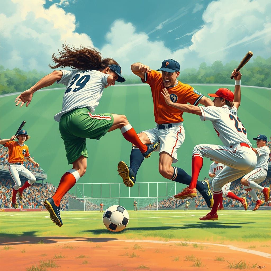 Fantastical Sports Clash in Colorful Stadium