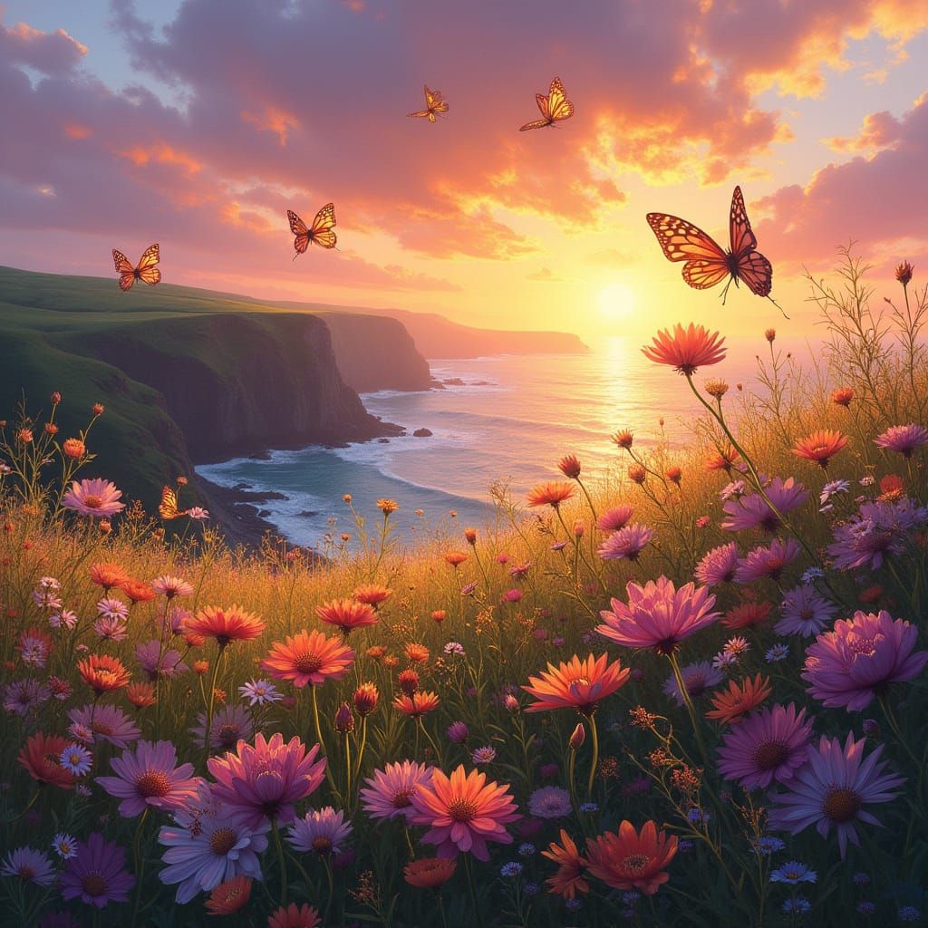 Impressionist Sunset Meadow on Coastline with Butterflies