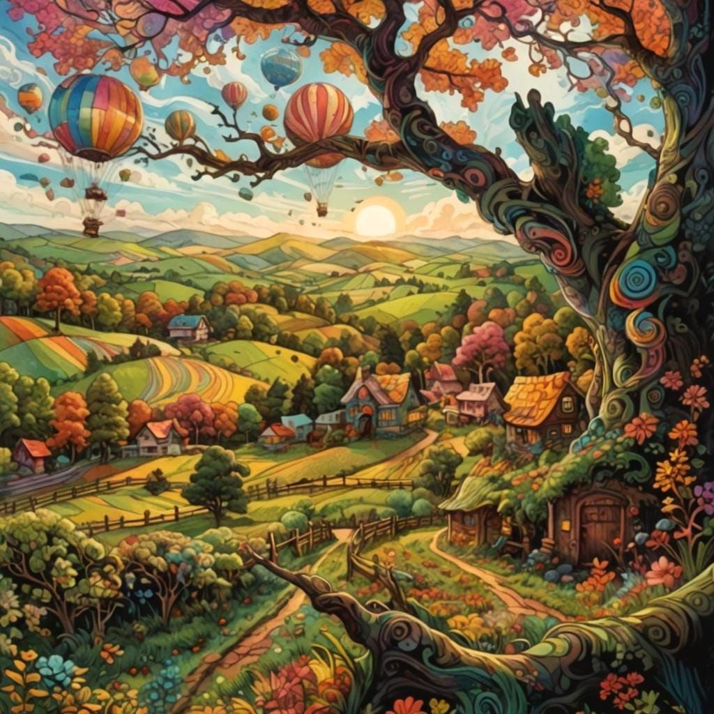 Watercolor Rural Landscape with Abstract Elements