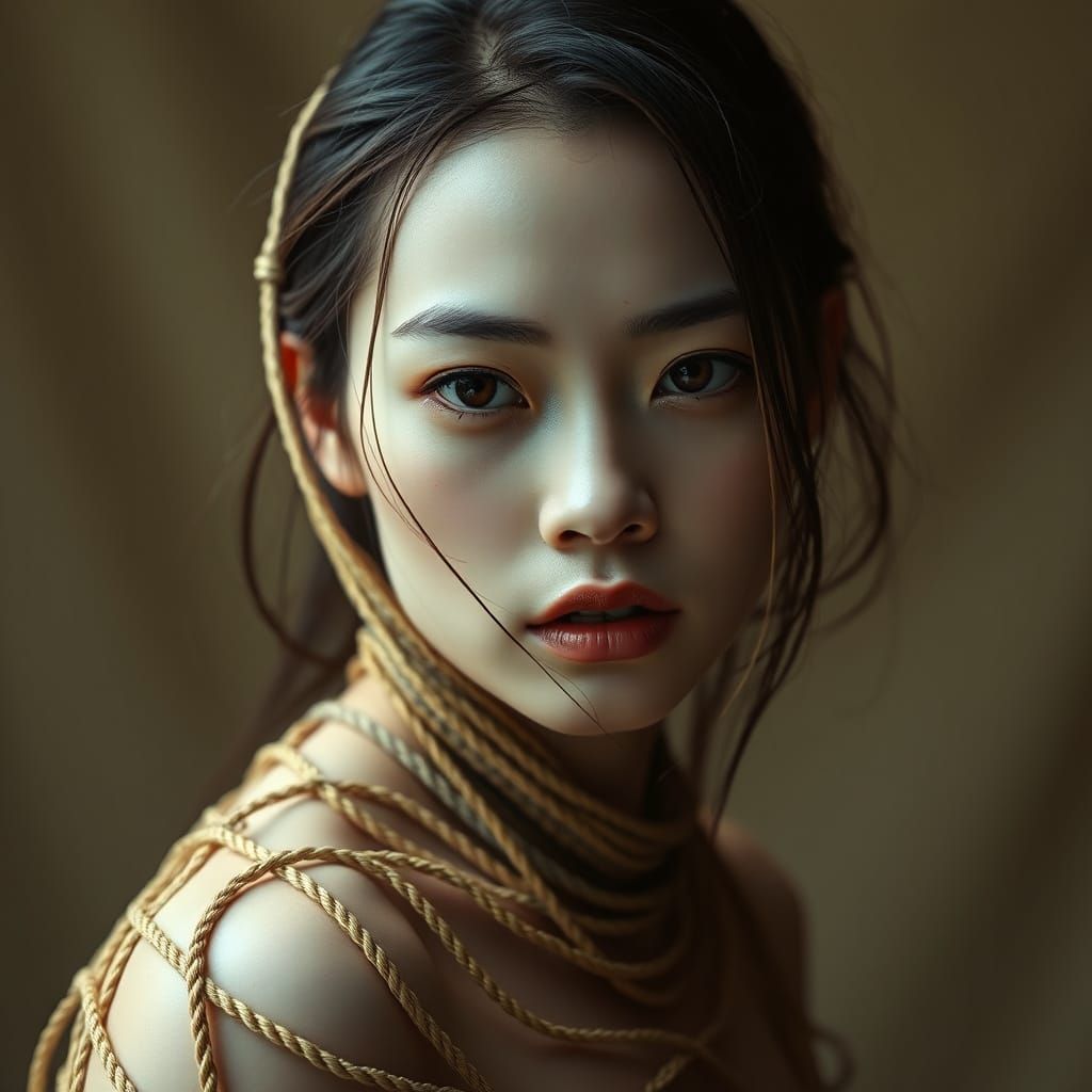 A Woman in Elegance, Bound by Shibari, in the Tradition of F...