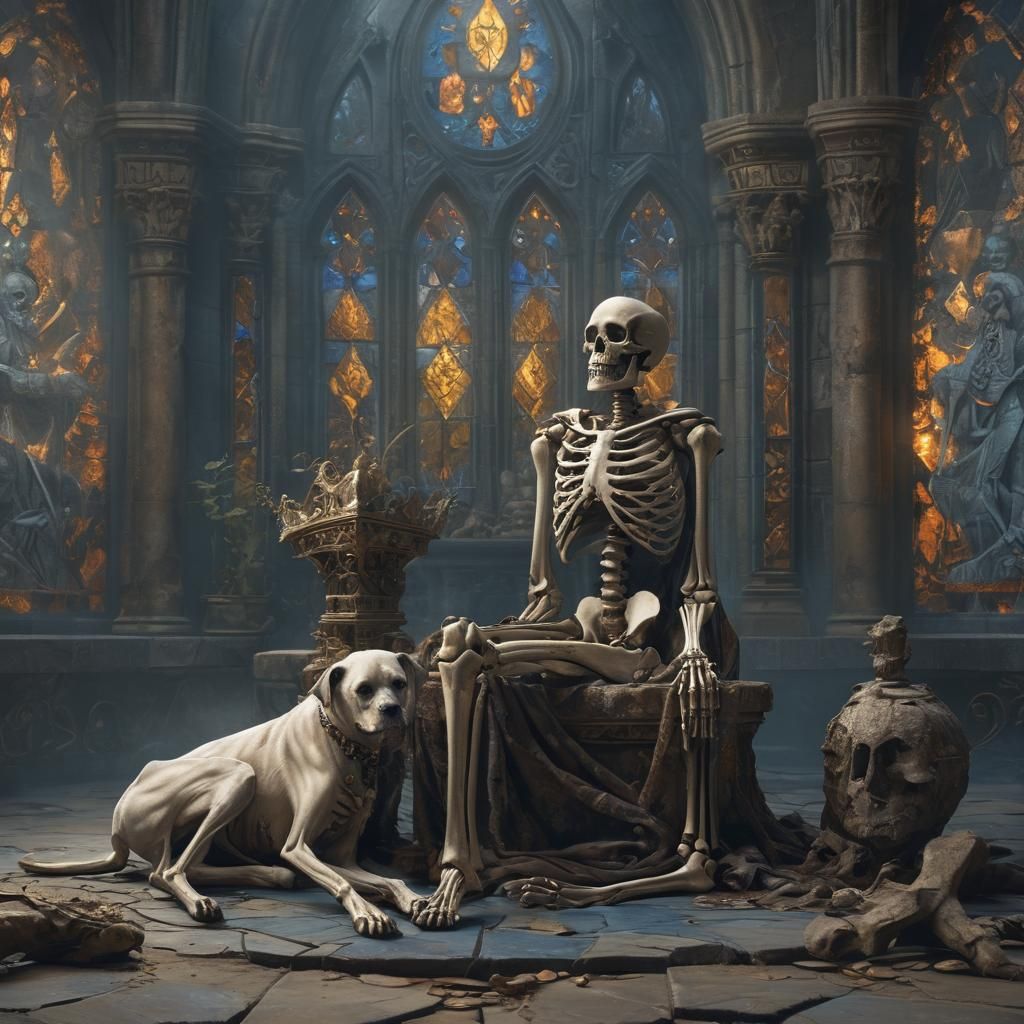 Skeleton King with Loyal Dog in Castle