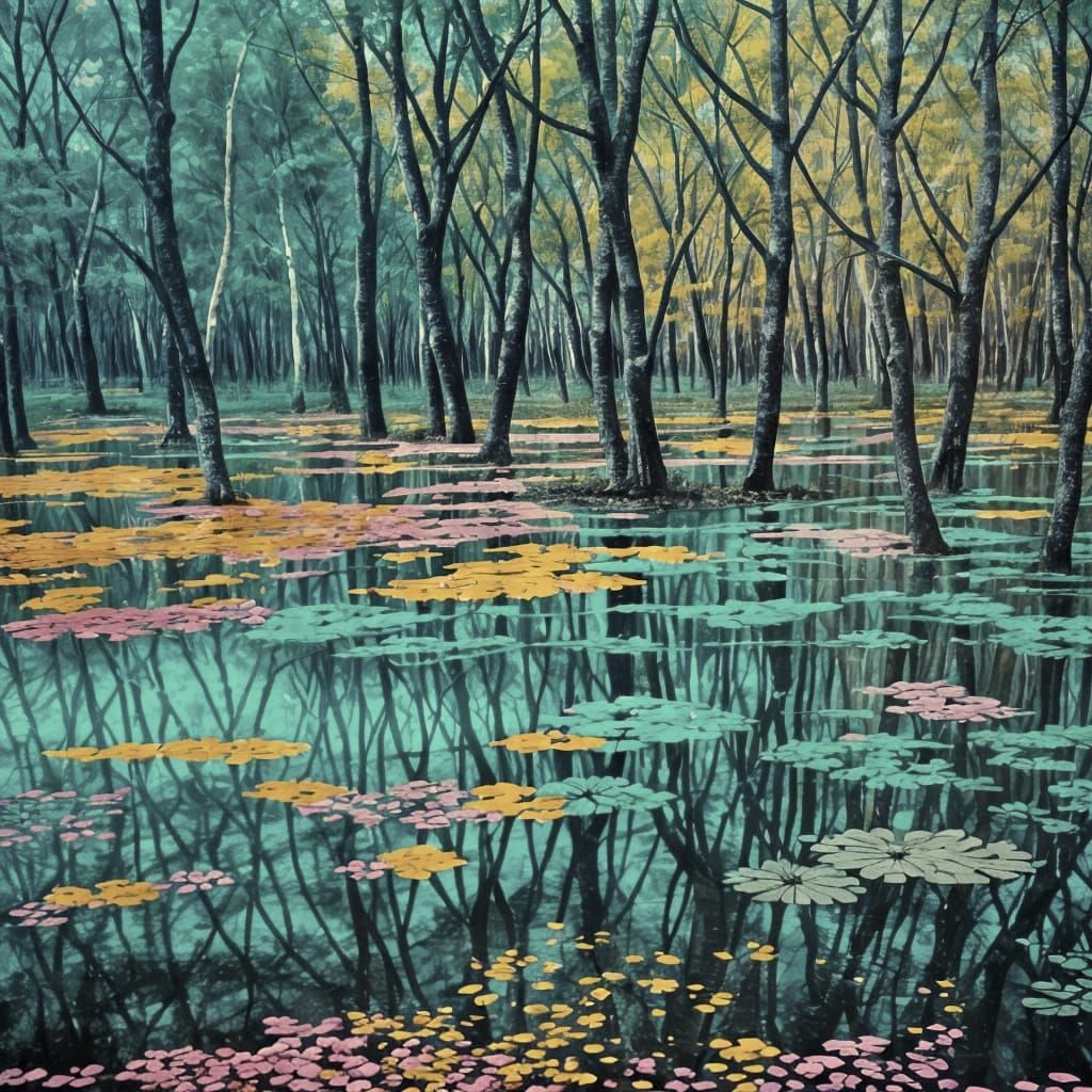 Ethereal Forest Lake in Pastel Neon Yellow
