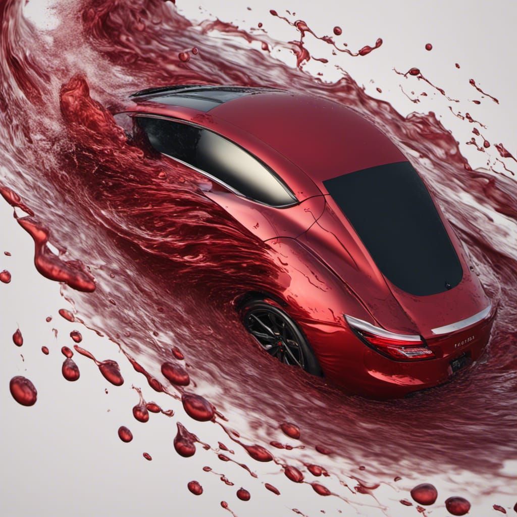 Surreal Sports Car Transformation with Red Water Droplets