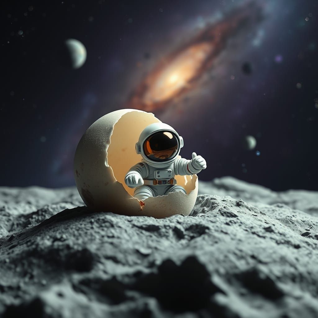 Astronaut Emerges from Lunar Egg Amidst Cosmic Galaxy