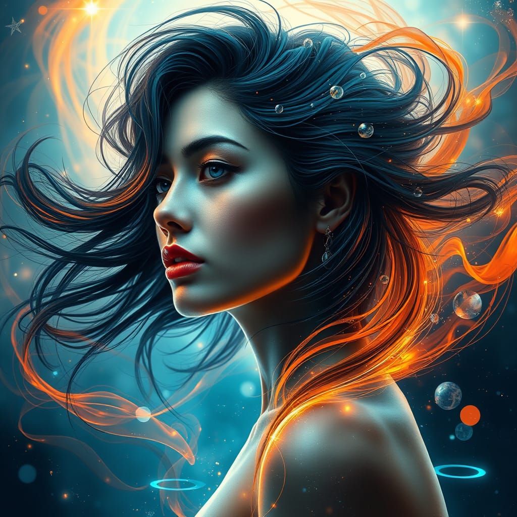 Surreal Digital Portrait of a Woman in Cosmic Motion