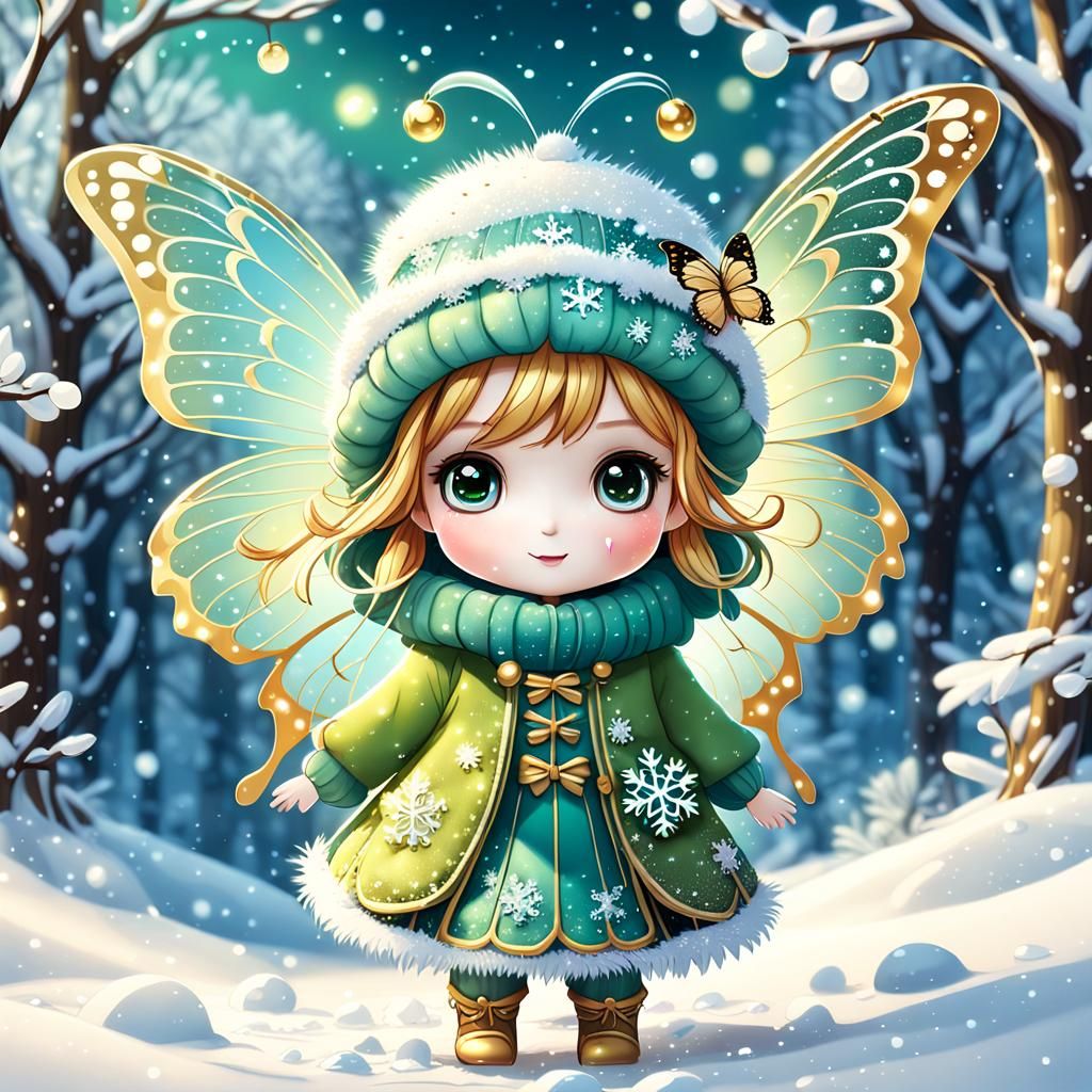 Chibi Butterfly Fairy Plays in Winter Snow