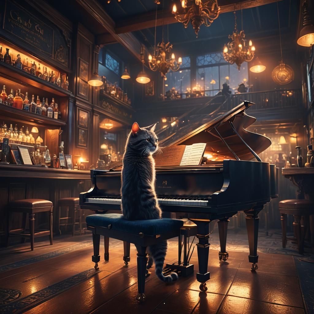 Cat Playing Piano in Mystical Bar: Digital Art