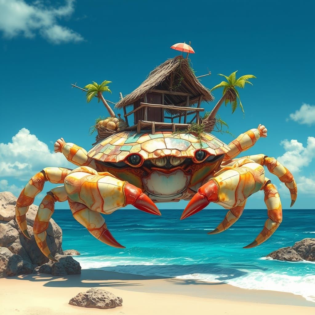Giant Crab Walking on Sun-Drenched Coastline