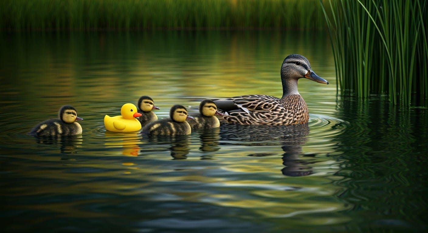 Serene Forest Pond Scene with a Family of Ducks and a Rubber...
