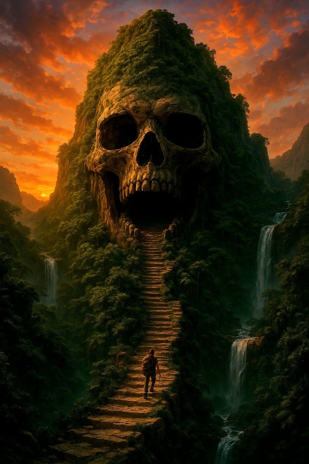 Hyperrealistic Jungle Skull Mountain with Winding Stairway