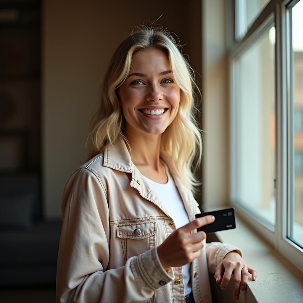Happy Blonde Woman with Credit Card in Hyperrealism