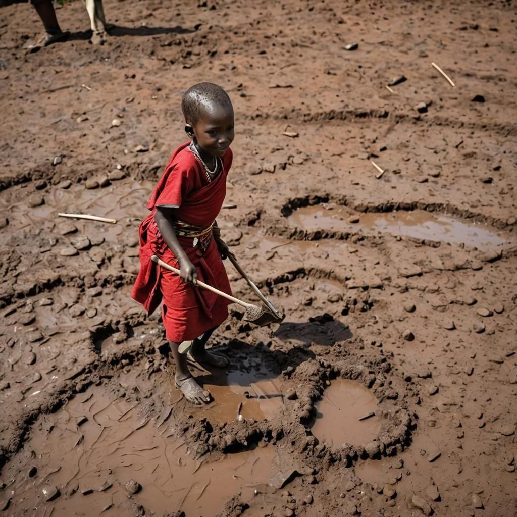 Masai Girl's Muddy Playtime in African Village