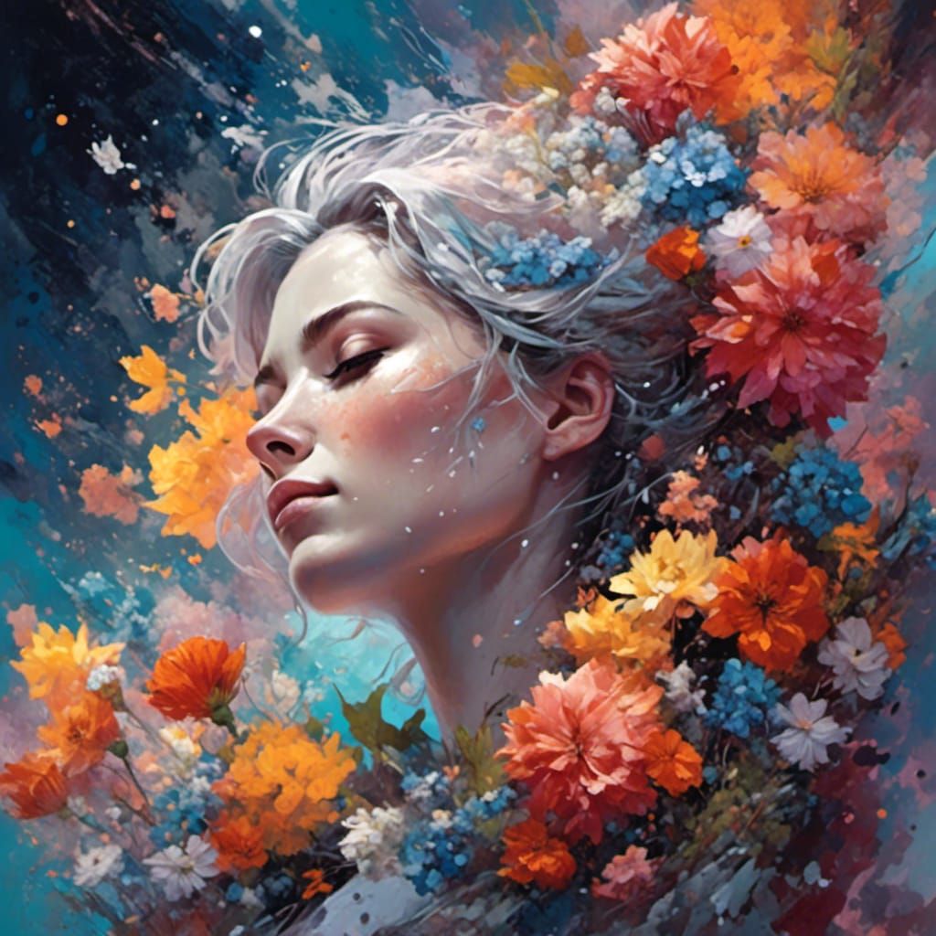 Romantic Woman with Frozen Flowers in Space