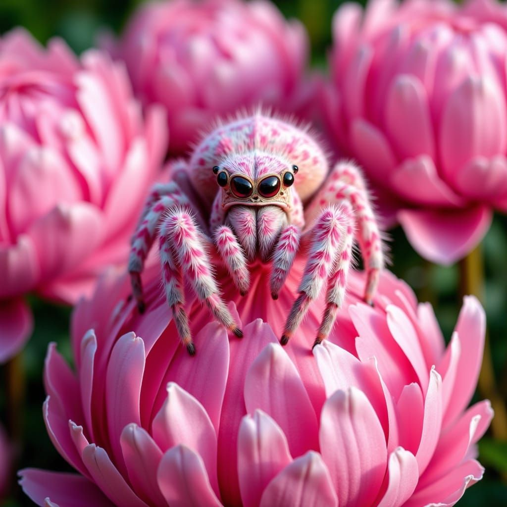 A tremendously fluffy spider in pink camouflage, sitting on a peonie <lora:Pink Camouflage:1.0>