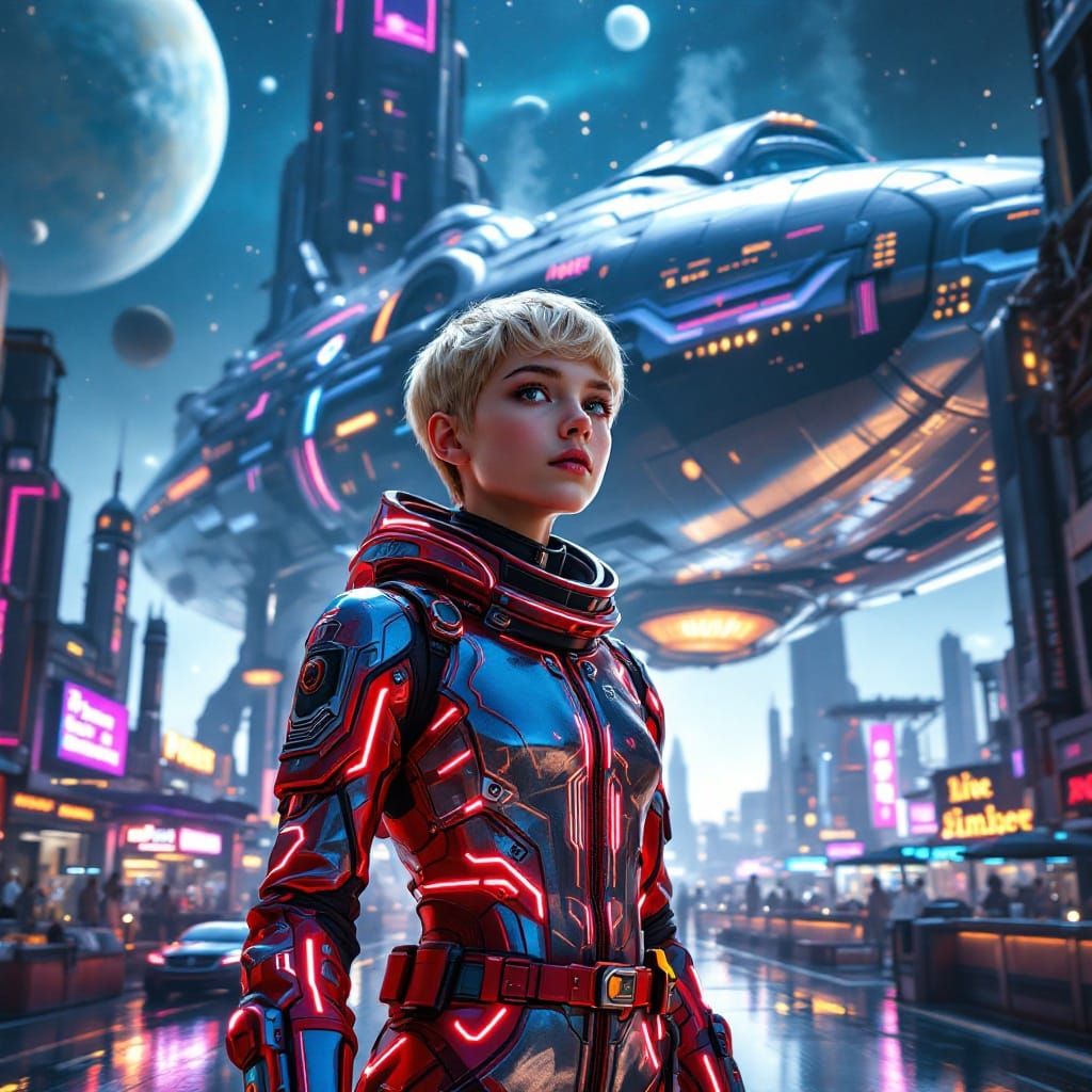 Confident Young Girl Stands at Futuristic Spaceport in Cyber...