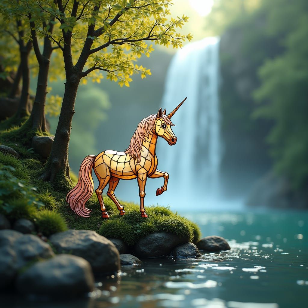 Ethereal Stained Glass Unicorn in Whimsical Forest Scene