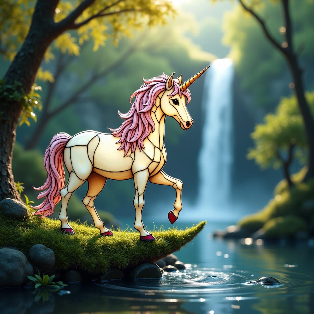 Vibrant Stained Glass Unicorn Amidst Waterfall Elegance