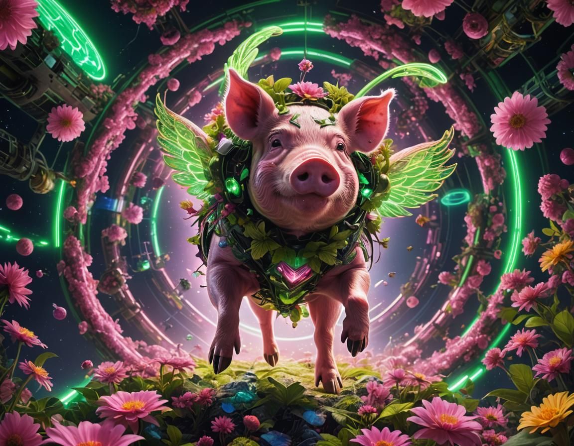 Neon Space Pig Flies Across Psychedelic Planet