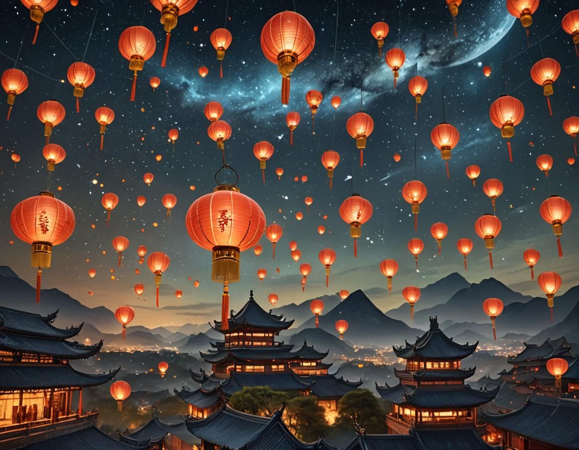 Chinese Lanterns Under Starry Sky: A Digital Masterpiece